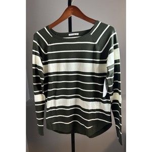 NWT Stitch Fix Pink Clover Medium M Ivory Olive Striped Sweater Curved Hem